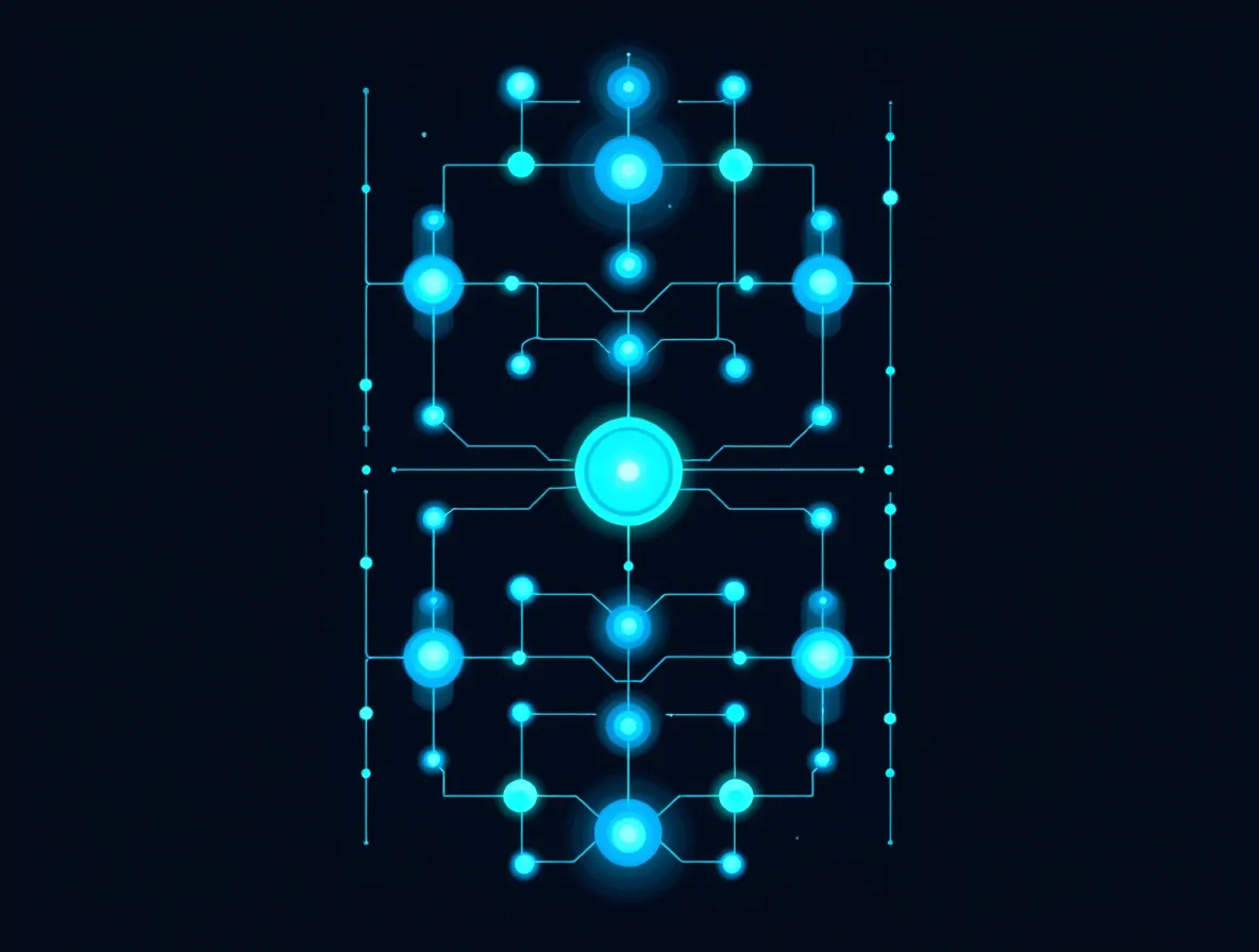A cool grid-aligned emblem of the GH/IGF-1 axis: an indigo peptide chain feeding a receptor node down a column of connected cells to a hepatic IGF-1 cell, with a mint feedback arc, on a deep steel ground